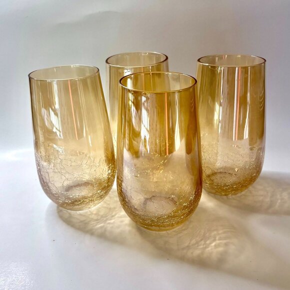 4 Pier 1 Crackle Glass Amber Golden Luster 6" Tumbler - Picture 1 of 5
